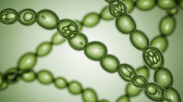 Green algae cells forming chains under microscope isolated on white background