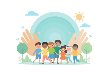 Fototapeta premium Illustration of Diverse Children Standing Together Under a Caring Rainbow Arch Held by Gentle Hands, Symbolizing Unity and Protection