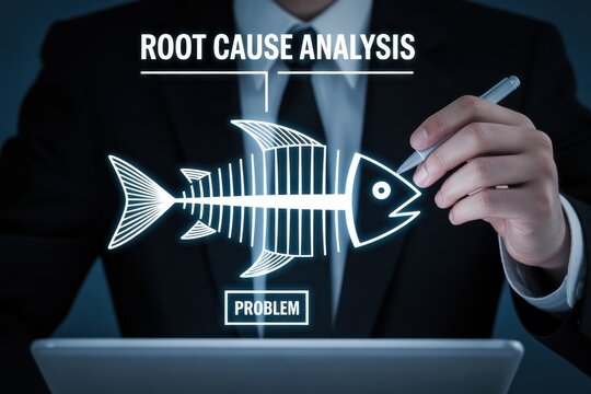 Businessman drawing a fishbone diagram for root cause analysis