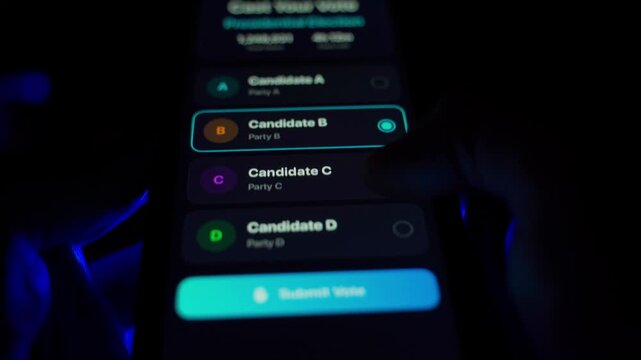 Voter voting for presidential candidate on fictional app in dark room
