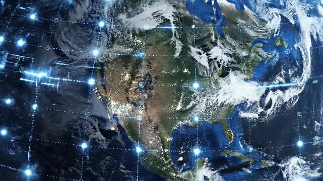 A glowing network of lights encircles a view of Earth from space