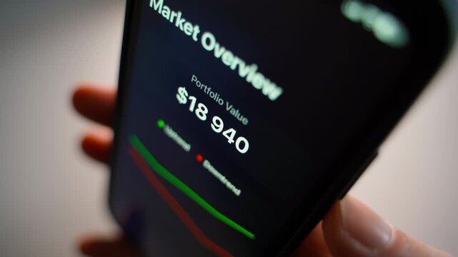 Hand holding smartphone with open market overview app displaying portfolio value in live mode