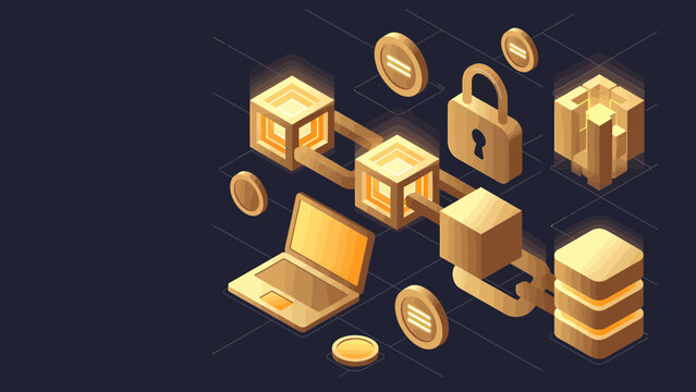 An isometric 3D technology banner displays a laptop with secure boxes and coins floating around it