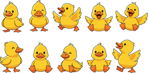 Cute Yellow Chick Cartoon Set with Funny Baby Chicken Characters, Different Poses, and Happy Expressions for Kids Illustration, Farm Animal Design, and Playful Collection