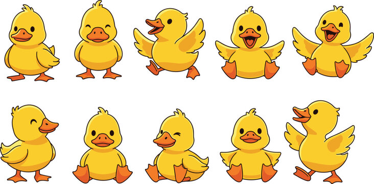Cute Yellow Chick Cartoon Set with Funny Baby Chicken Characters, Different Poses, and Happy Expressions for Kids Illustration, Farm Animal Design, and Playful Collection