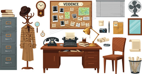 Detective Office Interior Furniture Collection with Evidence Board, Desk, Filing Cabinet, Chair, Coat Rack, Fan, and Investigation Workspace Elements