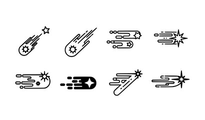 Bold shooting star and comet trail icons vector set with dynamic meteor streak silhouettes © MdShakil