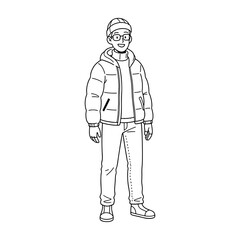 Obraz premium Man character wearing winter jacket clothes vector illustration in sketch style.