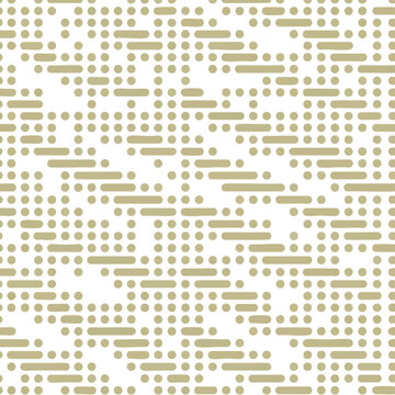 Subtle beige dots and dashes arranged in an abstract, pixelated grid pattern