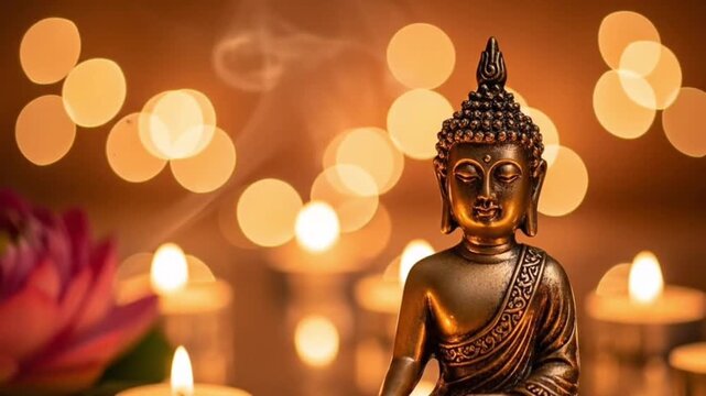 Happy buddha purnima. Buddhist figure with candles on a dark background with copy space. national day of birth of buddha