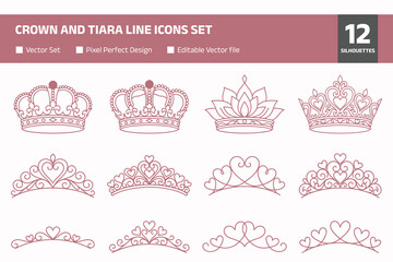 Crown and tiara line icons set, royal jewelry collection, princess headpieces, elegant ornamental vector illustration isolated on white background for design © SunilKumar