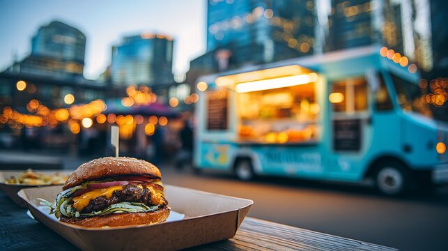 A freshly grilled burger as the main subject served in a disposable tray beside a vibrant food truck with menu boards and city buildings in the background, bright outdoor lighting highlighting the bur