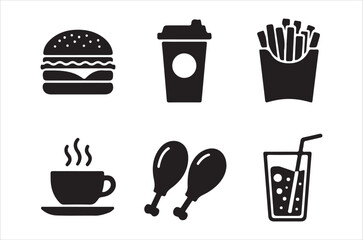 Fototapeta premium Black silhouette icons depicting various fast food and beverage items