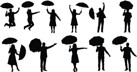 Collection of people silhouettes holding umbrellas in dynamic poses including jumping, dancing, standing, and gesturing in artistic black vector design © Tanzila