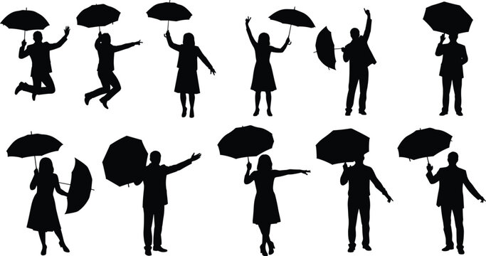 Collection of people silhouettes holding umbrellas in dynamic poses including jumping, dancing, standing, and gesturing in artistic black vector design