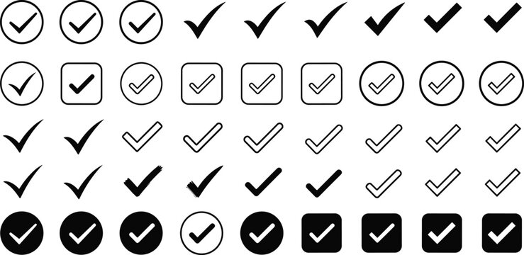Check mark icon set vector collection with tick symbols in circle square and outline styles for approval validation interface design