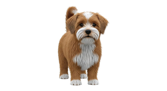 Fluffy brown and white Shih Tzu puppy standing against a white background