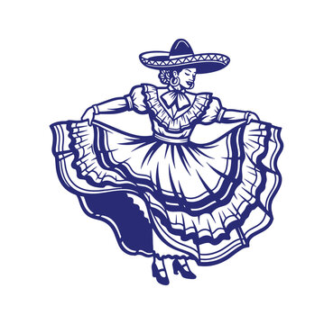 blue illustration of a woman wearing a sombrero dancing in a traditional mexican dress