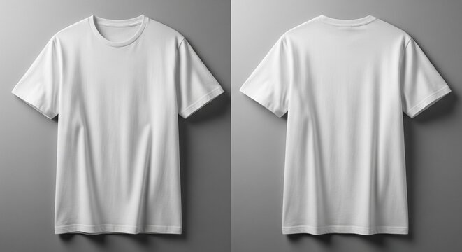 Front and back views of a blank white cotton t-shirt mockup with short sleeves on a neutral gray background perfect for clothing designs and branding