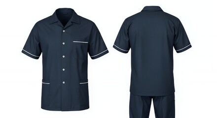 Naklejka premium Front and back view of a navy blue short-sleeved uniform shirt with white piping detail on pockets and sleeves, button-down front with notch collar, isolated on a white background.