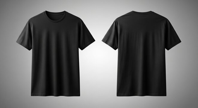 Front and back view of blank black t-shirts on a soft gray gradient backdrop perfect for showcasing designs and logos with style and versatility