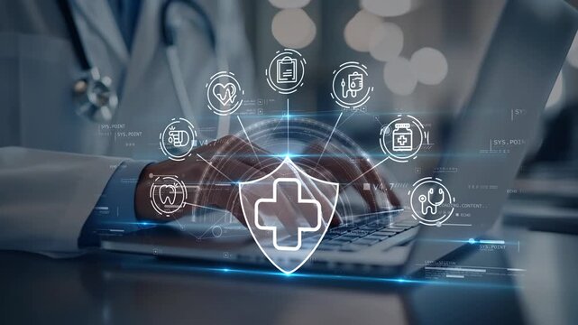 Doctor working on laptop with glowing medical shield icon, illustrating preventive care, early diagnosis and integrated healthcare services for patient protection