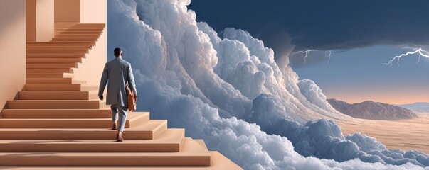 Fototapeta premium Businessman in a suit climbing monumental stairs toward dramatic clouds in a surreal landscape