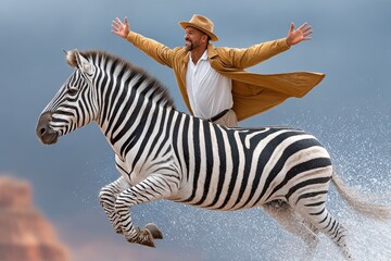 Fototapeta premium Man in a hat rides a zebra at full speed across water spray in a dramatic desert landscape