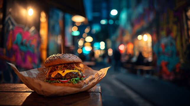 A stacked street burger with vibrant toppings as the main subject placed on paper wrap on a small table in an urban alley dining spot with graffiti walls and city lights behind, mixed ambient lighting