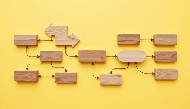 Flowchart system wood block arrow workflow on yellow background creative process plan concept