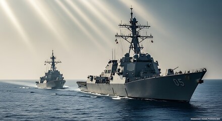 Obraz premium Two modern naval destroyers sail in formation on a calm sea under dramatic sunbeams.