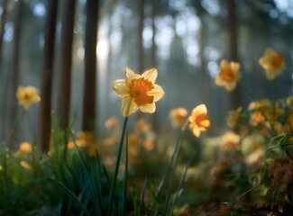 Obraz premium Yellow daffodils bloom in a sun-drenched forest glade, creating a serene spring woodland scene with soft light, green foliage