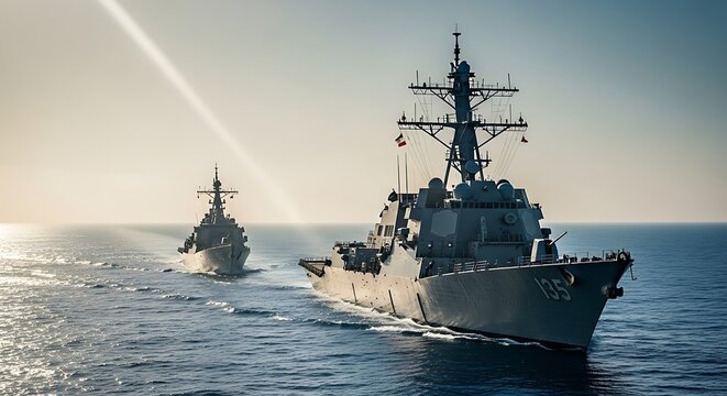 Two modern guided-missile destroyers sail in formation on a calm sea under a bright sky with a sunbeam.