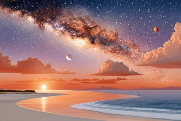 Fototapeta premium Surreal celestial sky over a tranquil sunset beach with Milky Way, planets, and stars