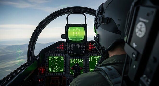 Pilot's perspective from inside a fighter jet cockpit, showcasing advanced digital displays and controls during flight.