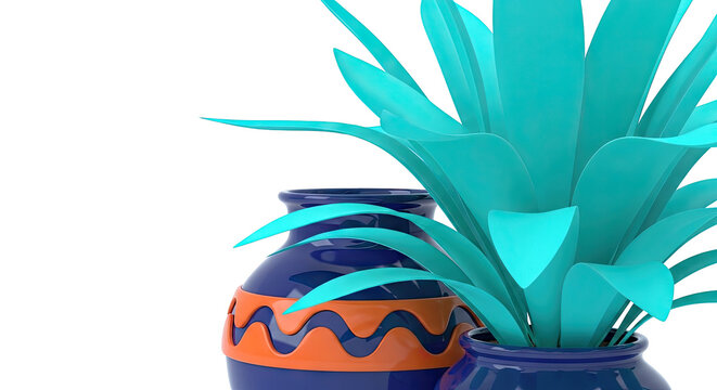 Turquoise Plant in a Navy and Orange Decorative Vase