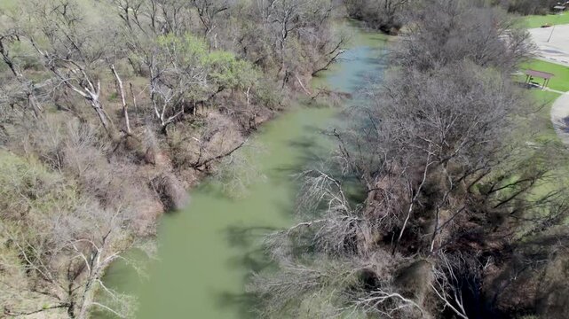 Aerial video of the Elm Fork Trinity River at the Greenbelt 428 Park in Aubrey, Texas