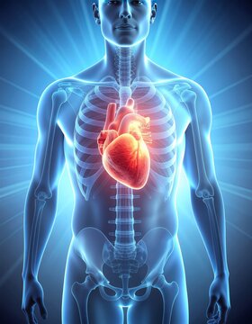 Human body anatomy with glowing heart and skeleton