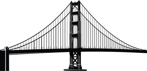 Fototapeta premium Golden Gate Bridge silhouette, San Francisco landmark, black and white vector illustration, suspension bridge architecture, famous California travel destination icon