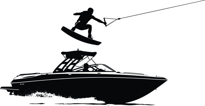 Wakeboarding silhouette illustration showing person airborne with tow rope and speeding motorboat creating water wake in dynamic black vector sport design