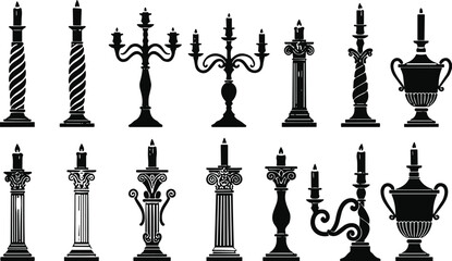 Vintage candle holder silhouettes collection, classic candelabra and candlestick designs, antique decorative candle stands vector illustration set © Champa