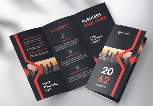 Modern Corporate Business Tri-fold Brochure Template with Geometric Red and Black Design