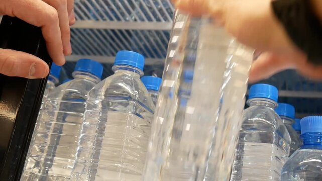A customer's hand taking a bottle of potable water from a store fridge