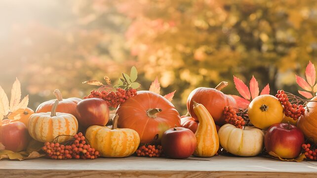 Autumn Harvest Display of Pumpkins Apples and Rowan Berries on Wooden Surface fall gourds