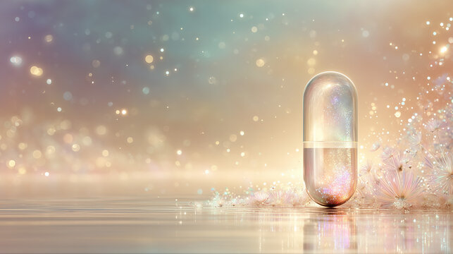 Magic glowing capsule standing on reflective surface with sparkling light and delicate flowers