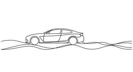 Sports car driving on wavy road, minimalist line art © Line Galaxy