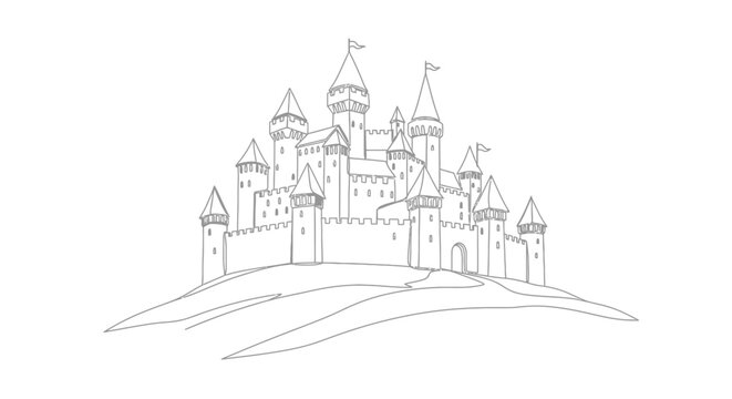 Fairytale castle on hill, minimalist line art illustration