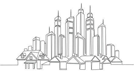 Obraz premium Continuous Line Drawing of Cityscape with Houses and Skyscrapers