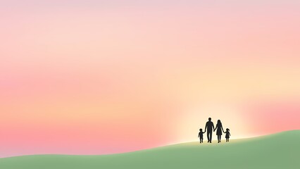 Fototapeta premium Silhouette of a happy family holding hands and walking on a green hill at sunset, symbolizing togetherness, love, and a bright future.