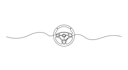 Obraz premium Car steering wheel on a wavy line, single line drawing